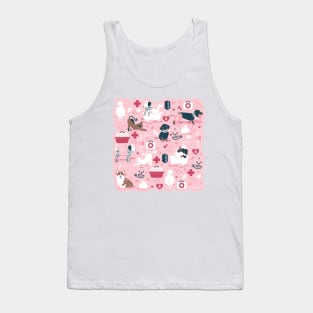 Veterinary medicine, happy and healthy friends // pastel pink background red details navy blue white and brown cats dogs and other animals Tank Top